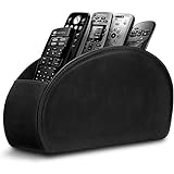Leather Remote Control Holder with 5 Compartments TV Remote Caddy Storage Box/Tray,Desktop Organizer Store Controller,Glasses,Brush,Media Player,Pen,Space Saver for Bedside Table/Office Desk(Black)