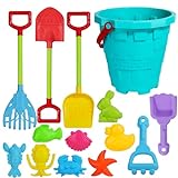 Holady 7.28' Large Castle Sand Buckets Pails Beach Water Pool Gardening Bath Toy Environmentally ABS Thick Plastic Complete Gift Set Includes Beach Bucket,Sand Mold, Sand Shovel,Rake(14 PCS)