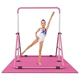 RINREA Gymnastic Bars for Kids with Adjustable Height, Folding Gymnastic Training Kip Bar, Junior Expandable Horizontal Monkey Bar for Home (Pink_Mat)