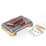 Artestia Cooking Stones for Steak, 11.8 x 7.87 Inches Lava Steak Stone for BBQ with Removable Handles Hot Rock Cooking Stone Set Includes Bamboo Base for Dinner and Family Fun