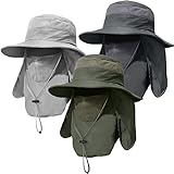 3 Pack Mens Outdoor Wide Brim Fishing Hat,UPF 50+ Sun Protection Cap with Face Neck Flap for Hiking & Garden (3 Pack-Dark Grey＆Light Grey＆Army Green)