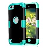 Case for iPod Touch 7th / 6th / 5th Generation, Dual Layered Hard PC Case + Silicone Shockproof Heavy Duty High Impact Armor Hard Cover for Apple iPod Touch 7 6 5 (Black+Blue)