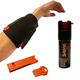 Sabre Red Pepper Spray Self Defense Kit by Nu Spin - Safety MyBand with Emergency Whistle and Fire Starter - Quick Access Armband w/ Zipper Pocket - 25 Bursts Police Strength w/ UV Marking Dye