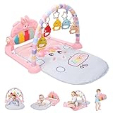 HOLYFUN Baby Play Mat Baby Gym, Play Piano Tummy Time Mat with Activity Gym, 5 Infant Learning Sensory Baby Toys, Perfect Musical Activity Center for Early Development & Entertainment, Pink