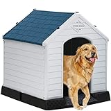 FLL Extra Large Dog House for Large Medium Dogs 41x37.4x39 inch Plastic Water Resistant Dog Houses with Hight Base Support for Winter Tough Durable House with Air Vents Elevated Floor, Blue Black