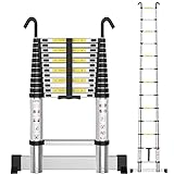 Telescoping Ladder, ARCHOM Telescopic Ladder with Hooks 15FT Aluminum Extension Ladder with Stabilizer Lightweight Collapsible Ladder for Home Roof Attic Loft RV with EN131 Certification, 330lbs Load
