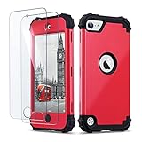 ULAK Compatible with iPod Touch 7th/6th/5th Generation Case with Screen Protector, Heavy Duty 3 Layer Hybrid Hard PC + Soft Rubber Silicone Shockproof Anti Slip Cover for iPod Touch 7/6/5 (Red)