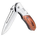 KEXMO Pocket Knife for Men - 3.46' Sharp Blade Wood Handle Pocket Folding Knives with Clip, Glass Breaker - EDC Knives for Survival Camping Fishing Hiking Hunting Gift Women, Sliver