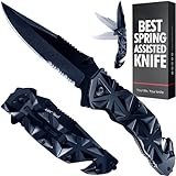 GOOD WORKER Black Pocket Knife - Serrated Sharp 3.5' Blade - Spring Assisted Tactical Knife with Wire Cutter Glass Breaker - Cool Folding Knives for Camping Hunting - Gift for Men & Women HB 207