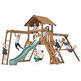Creative Playthings Northbridge Pack 4 Wooden Swing Set (Made in The USA) Ages 2 to 12 Years, Includes Climbing Wall for Kids, Playground Swings & Slide, Monkey Bars & Tire Swing, 22x12x11 ft