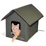 K&H Pet Products Outdoor Heated Kitty House, Outdoor Cat House for Outside Community Cats, Strays, and Ferals, Insulated Shelter, Warming Cold Weather House with Heated Pad for Winter, Olive/Olive