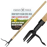 Papa's Weeder - Stand Up Weed Puller Tool Made with Long Wooden Handle - Real Bamboo & 4-Claw Steel Head - Easily Remove Weeds Effortlessly Without The Need to Tug, Bend, Or Flex,