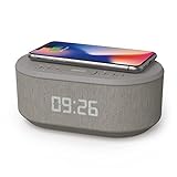 Bedside Radio Alarm Clock with USB Charger, Bluetooth Speaker, QI Wireless Charging, Dual Alarm Dimmable LED Display (Grey)