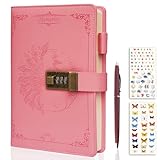 MATBIO Diary With Lock for Women & Adults, A5 Refillable Leather Locked Journal for Girl & Boy 250 pages, Password Lockable diaries with Pen & Stickers, and Gift Box (Pink)