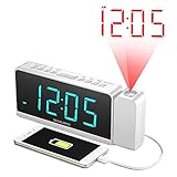 Projection Alarm Clock with AM/FM Radio, 180°Projector, 7' LED Digital Ceiling Display, Easy to Use, Clear Cyan Digit, 3 Dimmer, Digital Alarm Clock with USB Phone Charger, Battery Backup for Bedroom