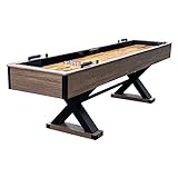 Hathaway Excalibur 9-Ft Shuffleboard Table for Great for Family Recreation Game Rooms, Designed with a Rustic Driftwood Finish with Built-in Leg Levelers, Includes 8 Pucks, Table Brush and Wax