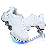 MLyzhe Deformation Roller Shoes Adult Children's Automatic Walking Shoes Male Female Skating Shoes Invisible Pulley Shoes Skates with Double-Row Deform Wheel White