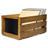Navaris Wood Record Crate - Vinyl Album Storage Holder Box Wooden Case with Chalkboard Sign Board - Holds up to 80 LP Records - Dark Brown