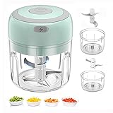 Electric Mini Food Chopper, Rechargable Small Food Processor for Garlic, Puree, Onion, Herb, Veggie, Ginger, Fruit Blender (250ml+100ml 2 cups, Green)