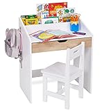 Lil’ Jumbl Toddler Wooden Study Desk and Chair Set, Home School Learning Workstation with Writing Table, Storage Drawer, Tabletop Organizer & Hanging Hooks for Children Studying, Reading & Drawing