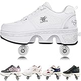 PLMOKN Women's Retractable Roller Skates Outdoor Girls Kick Roller Shoes Men Deformation Sneakers,(???) EU 41/US 9.5,white