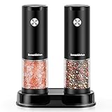Bonsenkitchen Electric Salt and Pepper Grinder Set, 2 Pack Automatic Salt & Pepper Mill Shakers with LED Light, Adjustable Coarseness, Storage Base, 95ml Large Capacity, Battery Operated(Not Included)