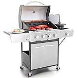 Captiva Designs 4-Burners Propane Gas BBQ Grill with Side Burner & Porcelain-Enameled Cast Iron Grates, 42,000 BTU Output Stainless Steel Grill for Outdoor Cooking Kitchen and Patio Backyard Barbecue