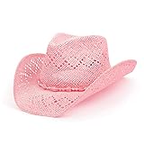 TOVOSO Western Cowgirl Hat for Women with Shapeable Brim, Beaded Hearts Trim, Straw Cowboy Hat, Light Pink