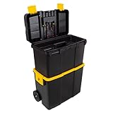 Portable Tool Box with Wheels - Stackable 2-in-1 Tool Chest with Fold-Down Comfort Handles, Tough Latches, and Removable Storage Trays by Stalwart