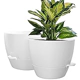 10 inch Self Watering Planters, 2 Pack Large Plastic Plant Pots with Deep Reservior and High Drainage Holes for Indoor Outdoor Plants and Flowers, White