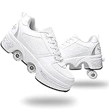 Double-Row Deform Wheel Automatic Walking Shoes Invisible Deformation Roller Skate 2 in 1 Removable Pulley Skates Skating Parkour (White Silver, US9)