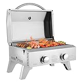 ROVSUN Large 20,000 BTU Portable Gas Grill, 2 Burner Tabletop Propane Griddle with Foldable Legs, Regulator & Full Stainless Steel for Outdoor Picnic Camping Trip Tailgating Patio Garden BBQ Home Use