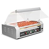 Leconchef Hot dog roller machine Commercial Grade Stainless Steel Electric 24 Hot Dog 7 Roller Grill Cooker Machine with Detachable Glass Cover、Dust cover and LED Lights, 1200-Watts