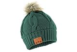Tenergy Wireless Bluetooth Beanie Hat with Detachable Stereo Speakers & Microphone, Fleece-Lined Faux Fur Pom Pom Music Beanie for Women Outdoor Sports (Dark Green)