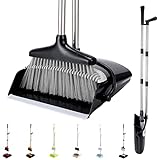 XXFLOWER Broom and Dustpan Set with Long Handle, Light Weight Stainless Steel Poles Stand Upright Dustpans with Broom Combo for Home Kitchen Office Pet Dog Hair (Black-Grey)