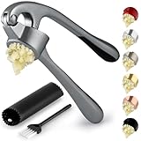 Zulay Kitchen Premium Garlic Press with Soft, Easy to Squeeze Handle - Includes Silicone Garlic Peeler & Cleaning Brush - 3 Piece Garlic Mincer Tool - Sturdy Easy to Clean Garlic Crusher (Slate)