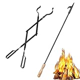 26' Fireplace Fire Pit Tongs & 32' Fire Pit Poker, Fireplace Wood Stove Firewood Tongs, Black Heavy Duty Wrought Iron Log Grabber Fire Pit Tools for Campfire, Fireplace, Bonfires, Indoor&Outdoor Use