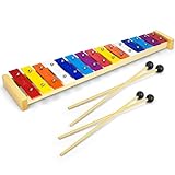 CeleMoon 15 Tone Natural Wooden Toddler Xylophone Glockenspiel for Kids with Multi-Colored Metal Bars Included Two Sets of Child-Safe Wooden Mallets