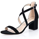 Ankis Black Nubuck 2.25Inches Strappy - Block Heels Comfy Grace Sandals Open Toe Chunky Dress Wedding Party Prom Heels with Adjustable Cross Strap