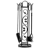 DOEWORKS 5 Pieces Fireplace Tools Sets with Handles Wrought Iron Fire Tool Set for Indoor Fireplace and Outdoor Fire Pit (Stand, Poker, Tongs, Shovel, Brush)