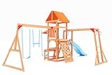 Dolphin Playground Wooden Swing Sets for Backyard, Outdoor Playset for Kids 3-10 with Monkey Bar, Picnic Table, 8FT Slide, Playhouse, Belt Swing, Multi-Functional Shelf, Playground Sets for Backyards