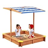 Kids Sandbox with Cover, 46' Wooden Sand Box w/Adjustable Canopy, Large Outdoor Cedar Sandpit for Backyard Play