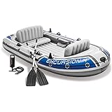 Intex Excursion 4 Person Heavy Duty Inflatable Boat Set for Fishing and Boating with 2 Aluminum Oars, High Output Air Pump, and Repair Kit
