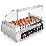 Olde Midway PRO18 Electric Grill Cooker Machine, 18 Hot Dog 7 Roller with Cover, Commercial Grade, Stainless Steel