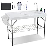 Dragosum Outdoor Sink Fish Cleaning Table Portable Camping Table with Faucet Hose Hook Up Grid Rack, Fish Fillet Camping Sink Table with 7pc Fish Cleaning Kit for Picnic Beach Patio