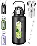 Nefeeko 50 oz Glass Water Bottles, Large Motivational Glass Water Bottle with Time Marker Straw, Wide Mouth Water Bottle Jug with Spout Lid Protective Sleeve for Gym Sports Home (Black)