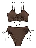 ZAFUL Women's Two Piece Swimsuit V Neck Drawstring Front High Waisted Strap Side Solid Bikini Set Bathing Suit (Coffee, M)