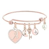M MOOHAM Charm Bracelets for Women Girls, Rose Gold Letter A Initial Charm Bangle Bracelet Mothers Day Valentines Present Gifts for Women Jewelry, Bridesmaid Proposal Gifts for Wedding