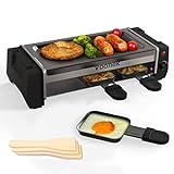 Raclette Table Grill Korean BBQ Grill Indoor Smokeless Electric Hibachi Table Top Grill with Removable Non-stick Grillplate 3 Raclette Pans 3 Wooden Spatulas Indoor Outdoor, 700W