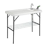 VINGLI Upgarded Folding Fish Cleaning Table with Sink, Portable Camping Sink Table with Grid Rack & Sprayer, Fish Fillet Cutting Table with Drainage Hose for Patio Backyard BBQ